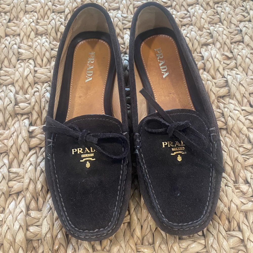 Prada Brown Suede Loafers with Gold Logo Size 7